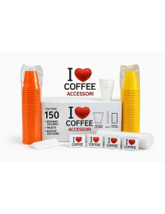 I love coffee  - Bicchieri in plastica, Bustine di Zucchero Bianco, Palettine