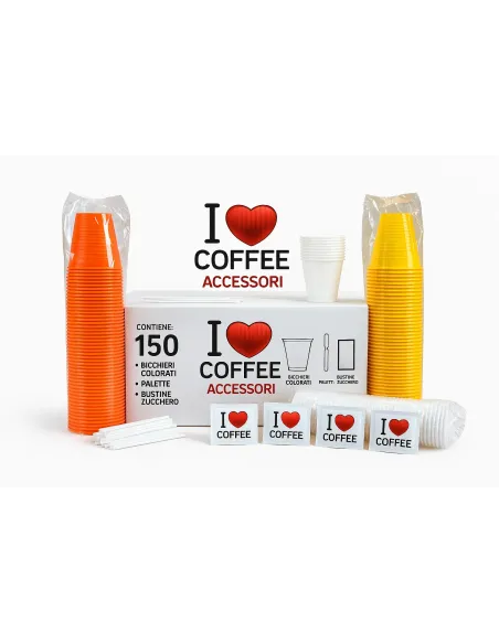 I love coffee  - Bicchieri in plastica, Bustine di Zucchero Bianco, Palettine