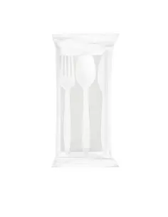 100 Tris Posate Bianche con Tovagliolo - Monouso per Eventi