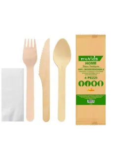 Tris Posate Monouso in Legno con Tovagliolo - 100 Pezzi