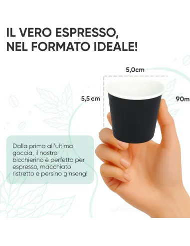 50 Bicchierini di Carta per Caffè e Ginseng da 90ml - Nero - Eleganza e Praticità
