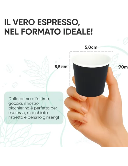 50 Bicchierini di Carta per Caffè e Ginseng da 90ml - Nero - Eleganza e Praticità