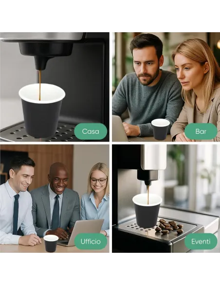 50 Bicchierini di Carta per Caffè e Ginseng da 90ml - Nero - Eleganza e Praticità