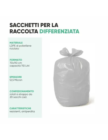 10 Sacchetti - 70x110 - Raccolta Differenziata Bianco - 110 Litri - Made in Italy