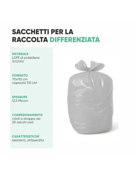 10 Sacchetti - 70x110 - Raccolta Differenziata Bianco - 110 Litri - Made in Italy
