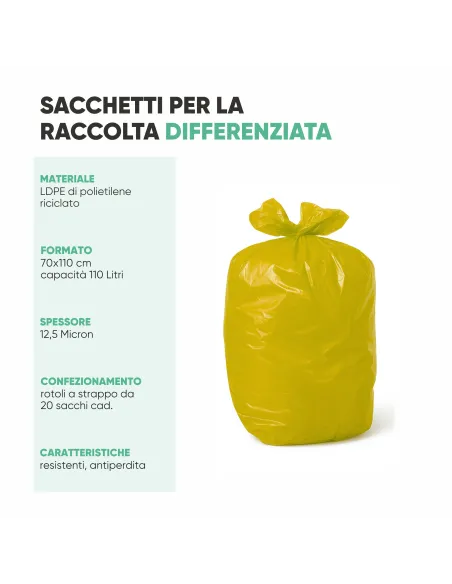 10 Sacchetti - 70x110 - Raccolta Differenziata Giallo - 110 Litri - Made in Italy