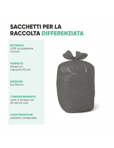 20 Sacchetti - 50X60cm - Raccolta Differenziata Nero - 30 Litri - Made in Italy