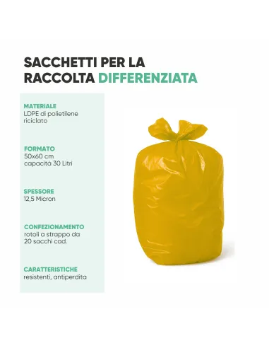 20 Sacchetti - 50X60cm - Raccolta Differenziata Giallo - 30 Litri - Made in Italy