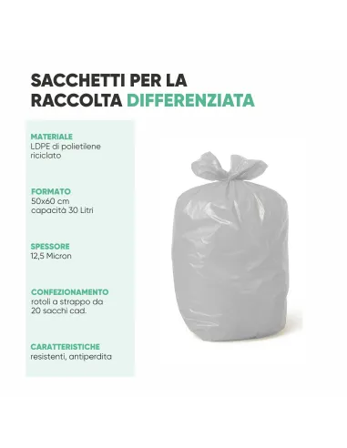 20 Sacchetti - 50X60cm - Raccolta Differenziata Trasparenti - 30 Litri - Made in Italy