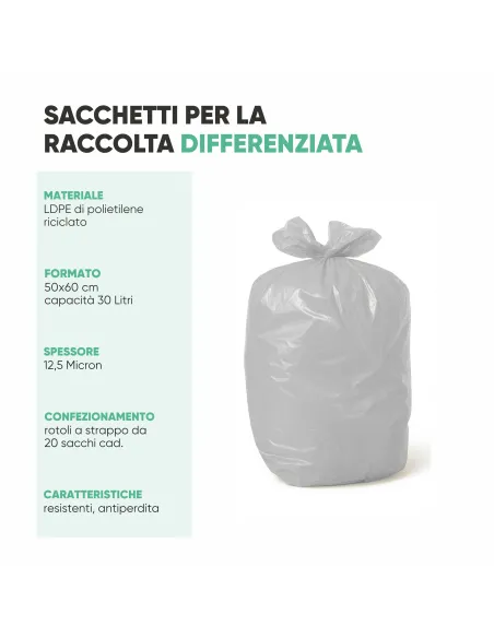 20 Sacchetti - 50X60cm - Raccolta Differenziata Trasparenti - 30 Litri - Made in Italy