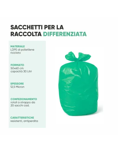 20 Sacchetti - 50X60cm - Raccolta Differenziata Verde - 30 Litri - Made in Italy