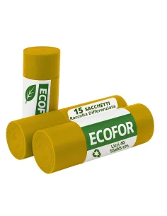ECOFOR 15 Sacchetti - 55X66cm - Raccolta Differenziata Giallo - 40 Litri - Made in Italy