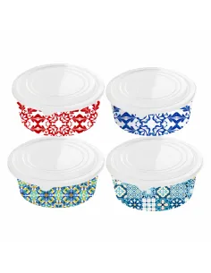 25 Ciotole Pokè 750ml 15x6 cm con decoro Maiolica + Coperchi trasparenti – Eleganza e praticità per il tuo food delivery
