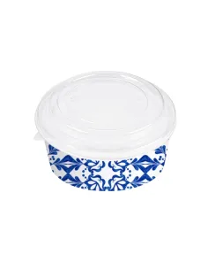 25 Ciotole Pokè 750ml 15x6 cm Blu con decoro Maiolica + Coperchi trasparenti – Eleganza e praticità per il tuo food delivery