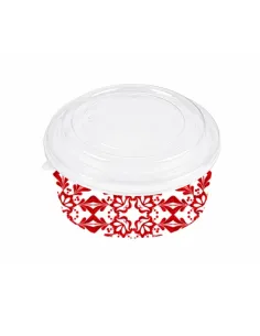 25 Ciotole Pokè 750ml 15x6 cm Rosso con decoro Maiolica + Coperchi trasparenti – Eleganza e praticità per il tuo food delivery