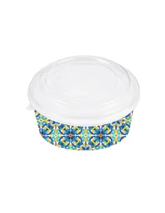 25 Ciotole Pokè 750ml 15x6 cm Verde con decoro Maiolica + Coperchi trasparenti – Eleganza e praticità per il tuo food delivery