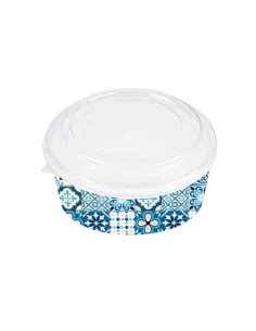 25 Ciotole Pokè 750ml 15x6 cm Celeste con decoro Maiolica + Coperchi trasparenti – Eleganza e praticità per il tuo food delivery