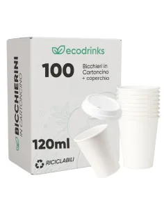100 Bicchieri in Cartoncino 120 ml con Coperchio in Plastica – Ecologici e Riciclabili | Ecodrinks