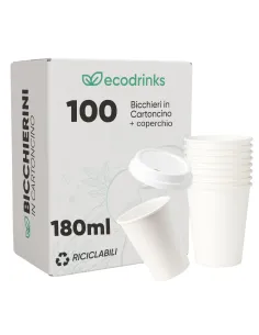 100 Bicchieri in Cartoncino 180 ml con Coperchio in Plastica – Ecologici e Riciclabili | Ecodrinks