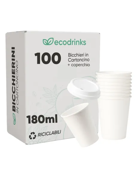 100 Bicchieri in Cartoncino 180 ml con Coperchio in Plastica – Ecologici e Riciclabili | Ecodrinks