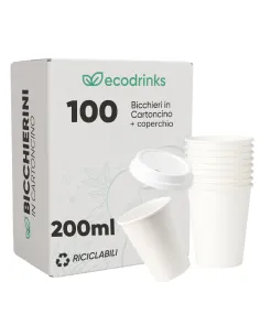 100 Bicchieri in Cartoncino 210 ml con Coperchio – Ecologici e Riciclabili | Ecodrinks