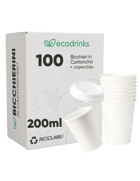 100 Bicchieri in Cartoncino 210 ml con Coperchio – Ecologici e Riciclabili | Ecodrinks