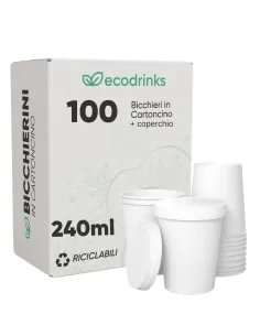 100 Bicchieri in Cartoncino 240 ml con Coperchio – Ecologici e Riciclabili | Ecodrinks