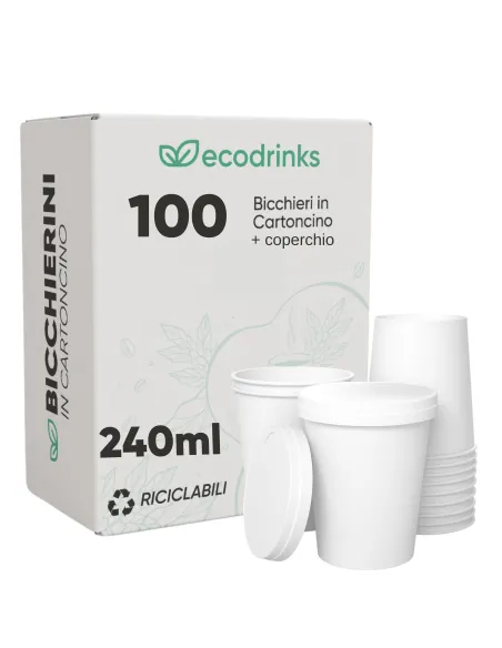 100 Bicchieri in Cartoncino 240 ml con Coperchio – Ecologici e Riciclabili | Ecodrinks