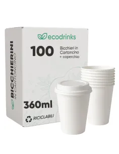 100 Bicchieri in Cartoncino 360 ml con Coperchio in Plastica – Ecologici e Riciclabili | Ecodrinks
