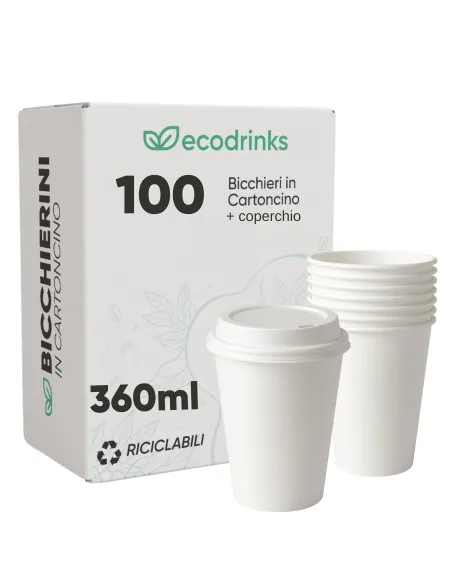 100 Bicchieri in Cartoncino 360 ml con Coperchio in Plastica – Ecologici e Riciclabili | Ecodrinks