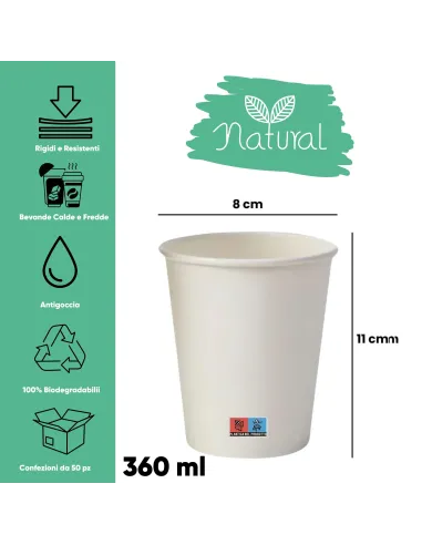 100 Bicchieri in Cartoncino 360 ml con Coperchio in Plastica – Ecologici e Riciclabili | Ecodrinks
