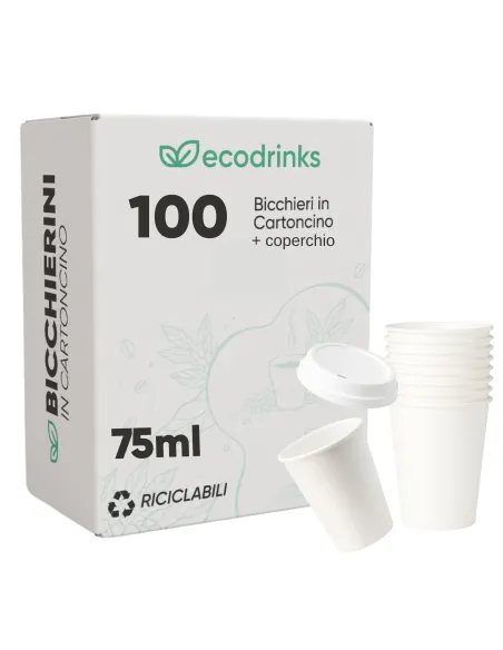 100 Bicchieri in Cartoncino 75 ml con Coperchio in Plastica – Ecologici e Riciclabili | Ecodrinks