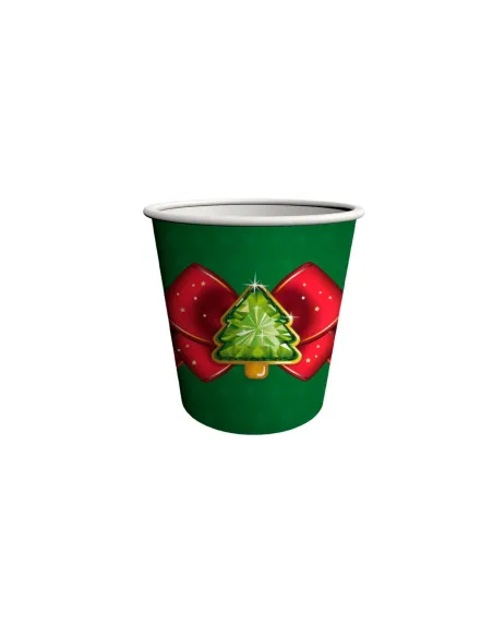 50 Bicchieri di Carta Natalizi Albero di Natale con Fiocco Rosso 75ml | Bicchieri Monouso Decorati per Feste