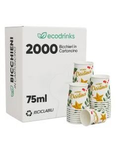 2000 Bicchieri di Carta Natalizi Merry Christmas Stella Dorata 75ml | Bicchieri Monouso Decorati per Feste