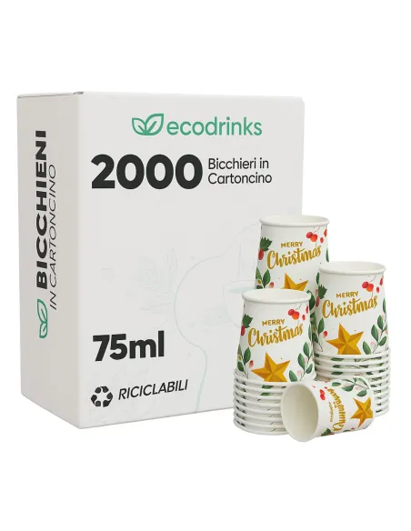 2000 Bicchieri di Carta Natalizi Merry Christmas Stella Dorata 75ml | Bicchieri Monouso Decorati per Feste