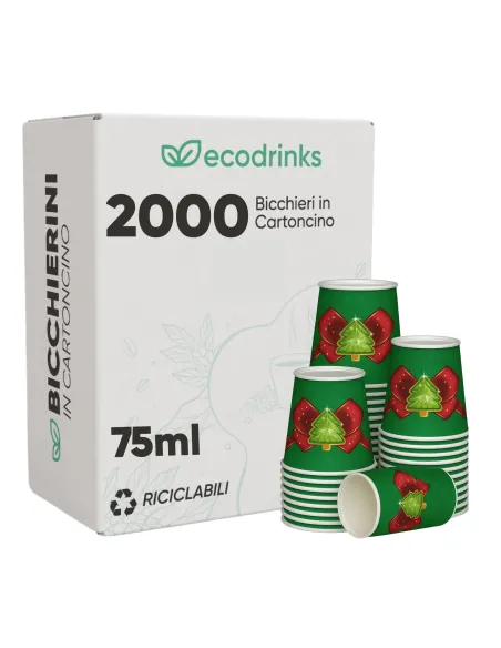 2000 Bicchieri di Carta Natalizi Albero di Natale con Fiocco Rosso 75ml | Bicchieri Monouso Decorati per Feste