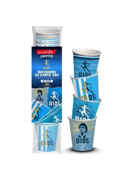 50 Bicchieri di Carta 180 ml – Movida LIMITED Edition D10S Argento | Bicchieri Decorati Maradona