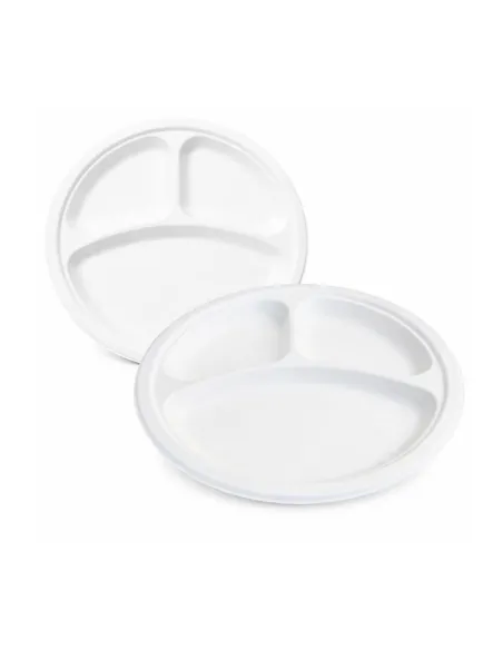 50 Piatti Monouso Tondo a 3 Scomparti Bianco 26cm - Eco-Friendly e Pratici