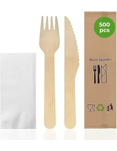 50 Bis Posate in Legno con Tovagliolo