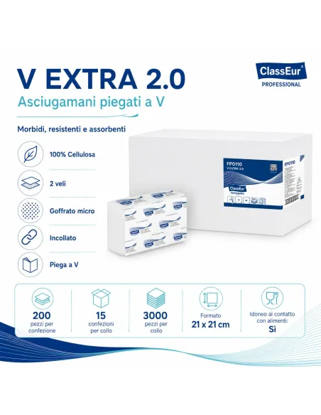 Asciugamani piegati a V - EXTRA 2.0 ClassEur Professional – 3000 pezzi