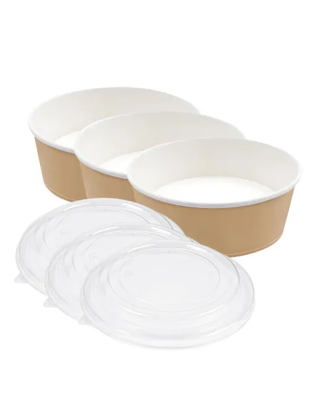 3 Ciotole Pokè 1100ml - Bianco e Avana - Ø165mm H60mm con Coperchio – Ideale per Asporto e Delivery