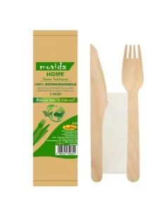 Bis Posate in Legno con Tovagliolo - 50 Pezzi