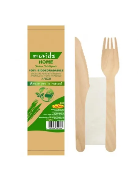 Bis Posate in Legno con Tovagliolo - 50 Pezzi